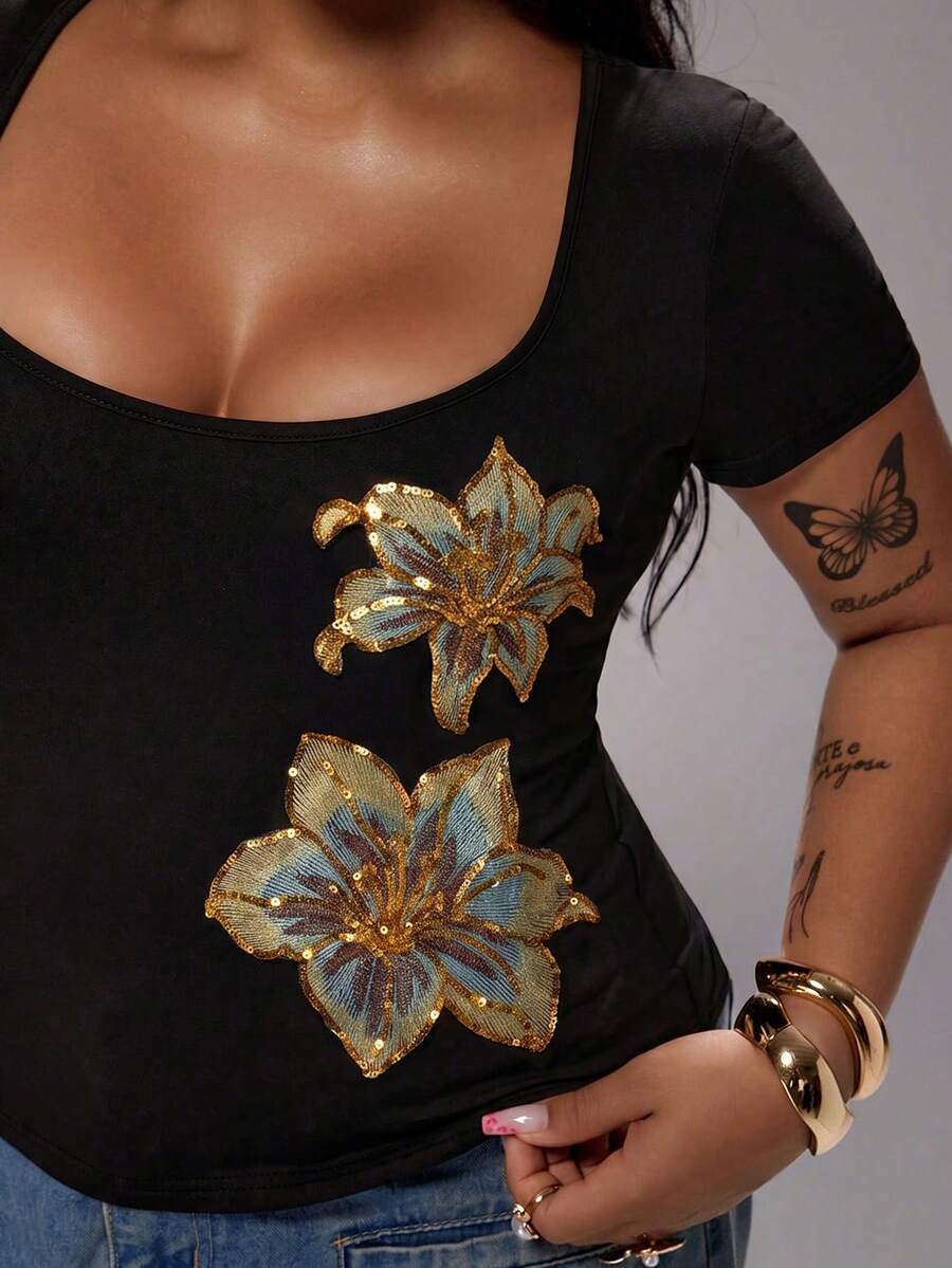 Rustia Plus Size Women's Floral Sequin Short Sleeve Fitted Casual T-Shirt - Black - View 1