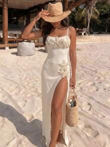 Bonvoyette Spring/Summer Girls Vacation Influencer Solid Color Starfish Design One-Piece Swimwear With Beach Cover-Up Set - Apricot - View 1