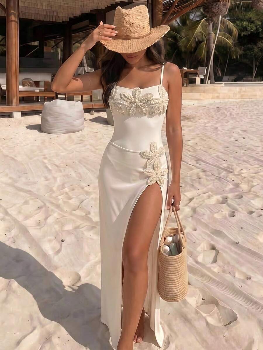 Bonvoyette Spring/Summer Girls Vacation Influencer Solid Color Starfish Design One-Piece Swimwear With Beach Cover-Up Set - Apricot - View 1