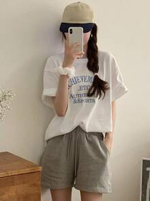DAZY Women's Loose Fit Round Neck Short Sleeve T-Shirt With Letter Embroidery Summer Oversized T-Shirt - White - View 7