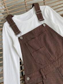 SHEIN 青少年女孩 Y2K 寬鬆極簡舒適棕色牛仔吊帶褲，萬聖節與黑色返校款 - 棕色 - 查看 3