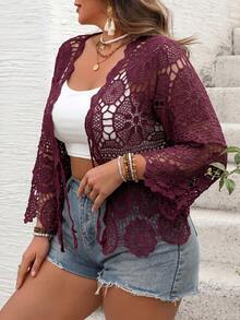SHEIN CURVE+ Women's Plus Size Solid Color Front Tie Long Sleeve Knit Hollow Out Cardigan, Suitable For Beach Vacation, Bohemian Romantic Style Fall Burgundy - Red Violet - View 4