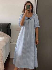 DAZY 青少年女孩蝴蝶結裝飾荷葉邊短袖居家休閒洋裝 - 藍色 - 查看 5