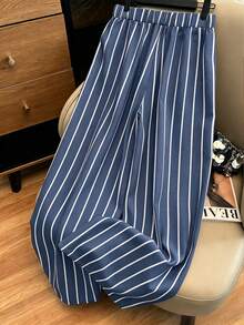 Franclia 大尺碼女款保守風 Modchic 可愛水手風熱帶休閒藍白條紋寬鬆寬腿長褲 春夏夏威夷居家沙灘褲 - 藏蓝色 - 查看 2