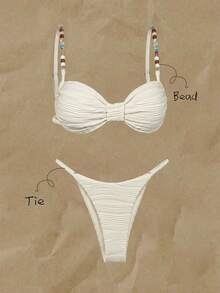 Bonvoyette Women's Spring/Summer Jacquard Fabric Beaded Chain Decor Bikini Set - Apricot - View 4