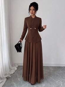 Elenzga Spring Autumn Winter Elegant Stand Collar Waist-Cinching Coffee Color Blazer & Pleated Long Skirt 2-Piece Set For Wedding Party Commute, Romantic Exquisite Women's Outfit - Coffee Brown - View 4