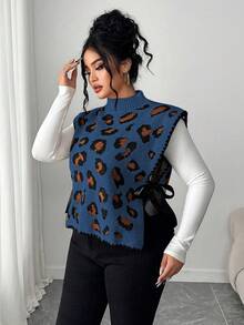 SHEIN LUNE CURVE 女款夏季優雅1920復古豹紋綁帶無袖寬鬆顯瘦大尺碼針織背心毛衣休閒上衣度假畢業藍色 - 藏蓝色 - 查看 7