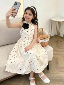 SHEIN 女童優雅波點3D花卉裝飾無袖洋裝，適合日常休閒、度假、校園及各種場合，夏季洋裝，夏季穿搭 - 白色 - 查看 2