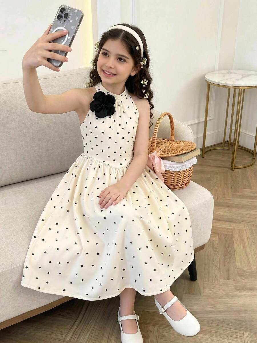 SHEIN 女童優雅波點3D花卉裝飾無袖洋裝，適合日常休閒、度假、校園及各種場合，夏季洋裝，夏季穿搭
