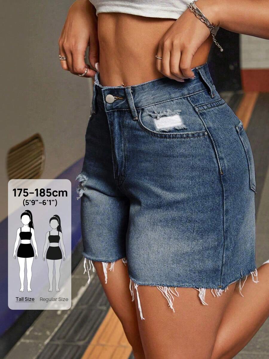 SHEIN Tall 女款口袋磨損毛邊休閒百搭牛仔短褲,適合高個女性 - 霧霾藍 - 查看 1