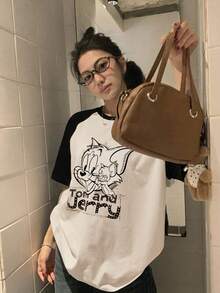 TOM AND JERRY X DAZY Women's Round Neck Cartoon Girl Casual T-Shirt - Black - View 1