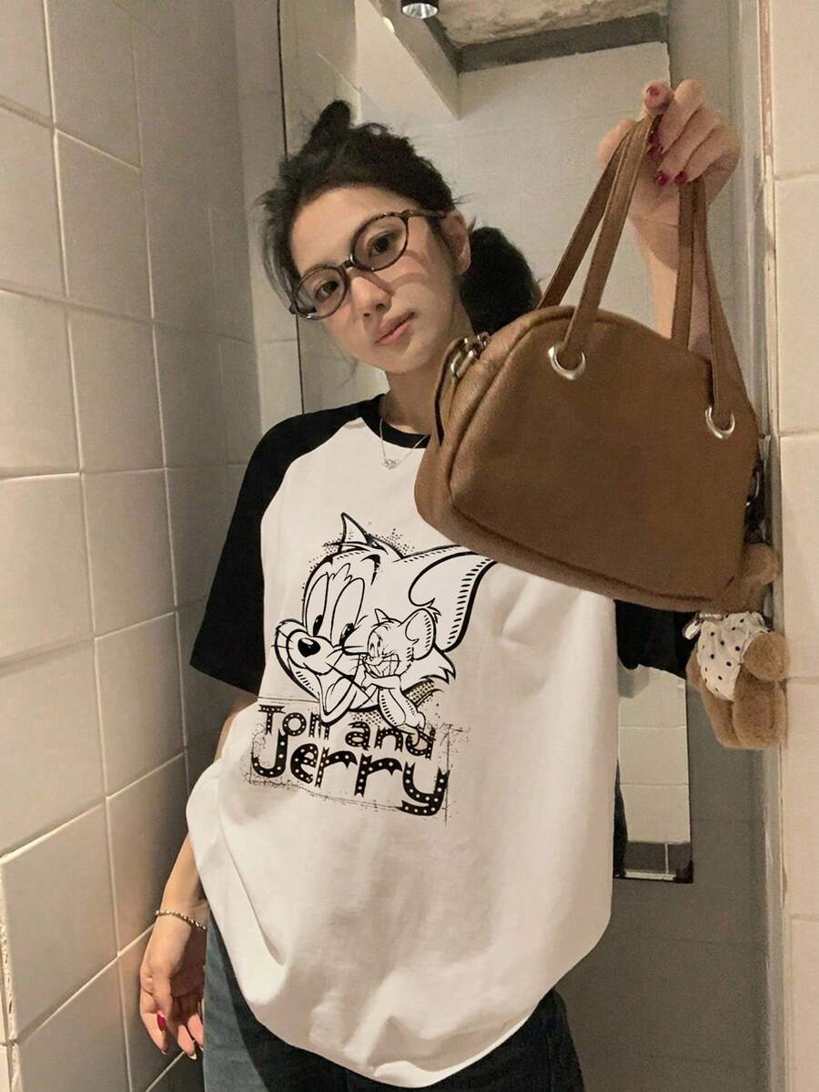 TOM AND JERRY X DAZY Women's Round Neck Cartoon Girl Casual T-Shirt - Black - View 1