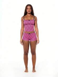 SUMWON WOMEN Polka Dot Cami And Shorts Sleep Set With Bow Detail Satin Finish Cozy Loungewear Pajama Set - Pink - View 5