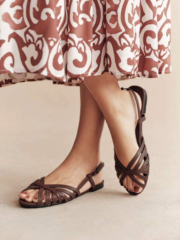 Rosivie Sandal nữ đi biển hằng ngày, mũi tròn, đế bệt, khóa cài, vải sọc PU, thời trang đơn giản, thoáng khí và thoải mái
