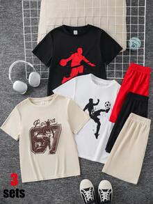 SHEIN 6件套男童休闲时尚印花圆领短袖T恤短裤套装，适合夏季休闲、运动、上学、度假穿着。 - 彩色 - 查看 5