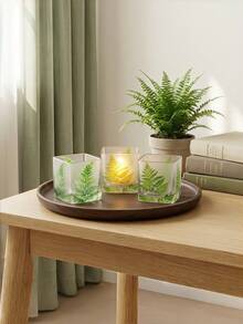 Haus Hana 1Pc/2Pcs Square Glass Tealight Holder, Clear 6cm Glass Embedded With Printed Nordic Green Leaf Pattern, Container For Candle Light Diffusion, Tabletop Ornament For Dinner Arrangement And Romantic Event Decor - multicolor - View 4