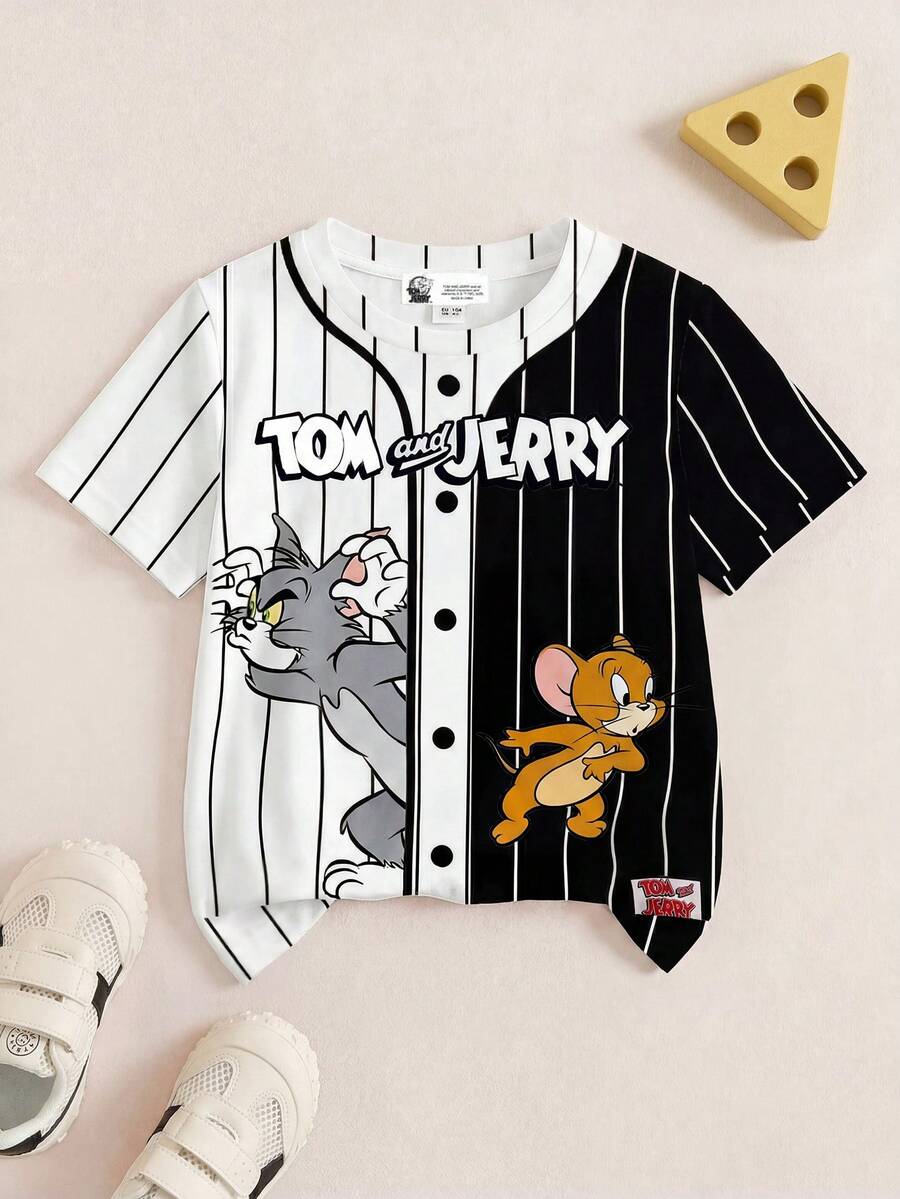 TOM & JERRY X SHEIN Baby Boy Cartoon Print Striped Short Sleeve Casual Top - White - View 1