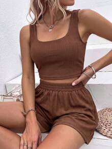 SHEIN Holidaya 女款方領短版背心與短褲休閒兩件套 - 棕色 - 查看 4