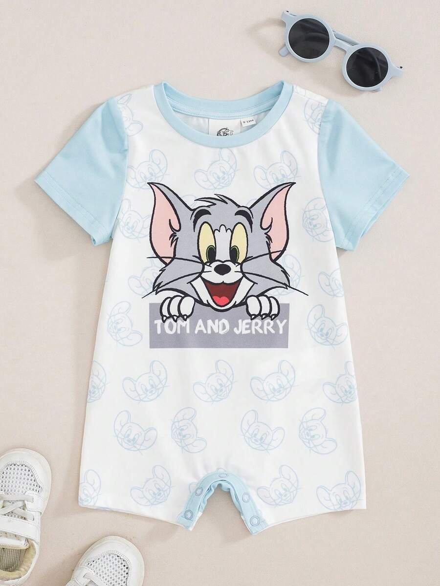 TOM & JERRY X SHEIN 男嬰字母卡通印花圓領居家連身衣 - 彩色 - 查看 1