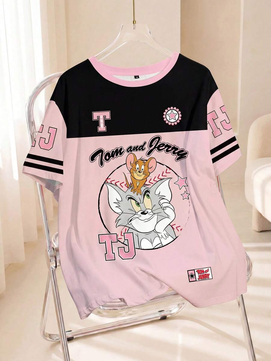 TOM & JERRY X SHEIN 大码女式夏季休闲运动时尚街头可爱卡通字母图案撞色宽松T恤 - 白色 - 查看 1