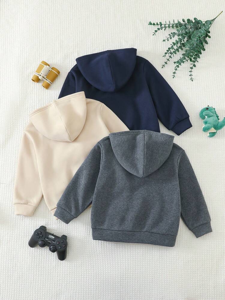 SHEIN 3pcs Kids Young Boys Khaki Blue Gray Casual College Style Comfortable Fashion Simple Practical Versatile With Pony Pattern Fuzzy Thick Hooded Sweatshirt Suitable For Daily Wear, School, Travel, Sports, Autumn/Winter, Buy 2 Get 1 Free - Multicolor - View 2