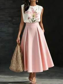 SHEIN 女士休闲圆领碎花拼接无袖A字连衣裙，夏季连衣裙，通勤，日常，约会，两用连衣裙，简约，时尚，潮流连衣裙，夏季穿搭，夏季，休闲连衣裙，法式优雅，优雅连衣裙，度假，假日 - 粉色 - 查看 1
