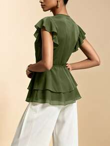 Elafinee Women's Olive Green Chiffon Ruffle V-Neck Waist-Cinching Short Sleeve Blouse, European And American Summer Style - Olive Green - View 2