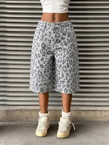 SHEIN HypeZone Y2K街頭時尚休閒風灰色豹紋低腰牛仔七分褲，適合日常白天夏季穿著 - 灰色 - 查看 5