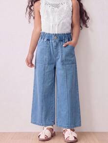 SHEIN Elladie kids 女童淺藍色牛仔寬腿長褲，夏季新品，休閒可愛復古慵懶女孩風，彈性高腰側縫口袋設計，寬鬆舒適寬腿版型，適合返校季、畢業季、兒童節、派對、城市活動、旅行、通勤，休閒復古穿搭，兒童牛仔長褲 - 中等水洗藍 - 查看 3