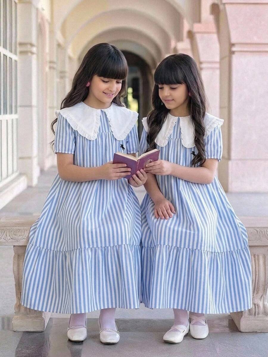 Tween Girlkids Casual Comfortable Peter Pan Collar Contrast Stripe Pony Logo Solid Color Dress, Back To School, Princess Dress, Back To School - Blue - View 1