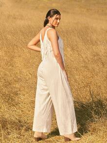 Levarali Women's Sleeveless Long Jumpsuit, Solid White With Tassels, Front Zipper, Straight Wide Leg Pants, Spring/Summer Elegant Cowboy Western Casual Boho - White - View 2