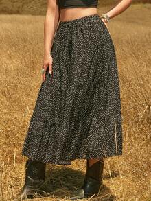 Freevana Damen Große Größen Langer Schwarz & Weiß Polka Dot Mehrschichtiger Kuchenrock A-Linie Locker Elegant Lässig Romantisch Frühling Sommer Frühherbst Oberbekleidung - Schwarz und Weiss - Übersicht 15