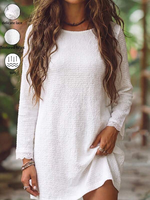 Breezaya Spring And Summer Fashionable And Casual Round-Neck White Textured Fabric Long-Sleeved Dress