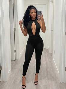 BamGleam Spring Summer Casual Halloween Daily Party Elegant Sexy Black Lace Splicing Cut-Out Women's Jumpsuit Romper Club Night Out - Black - View 3