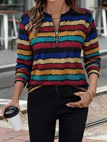 EMERY ROSE Plus Size Women's Striped Zipper Design Long Sleeve Casual Sweatshirt Fall - Multicolor - View 8