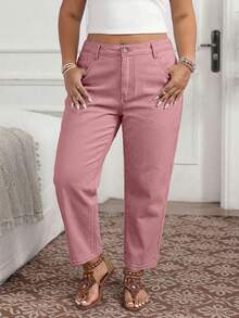 EMERY ROSE Celana Jeans Wanita Ukuran Besar dengan Kantong, Potongan Lurus, Longgar, Kasual, Serbaguna, Formal, Liburan, Warna Merah Muda Pucat, Musim Panas - Dusty Pink - View 3