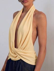 Hauture Asymmetrical Design Deep V-Neck Twisted Halter Top - Yellow - View 5
