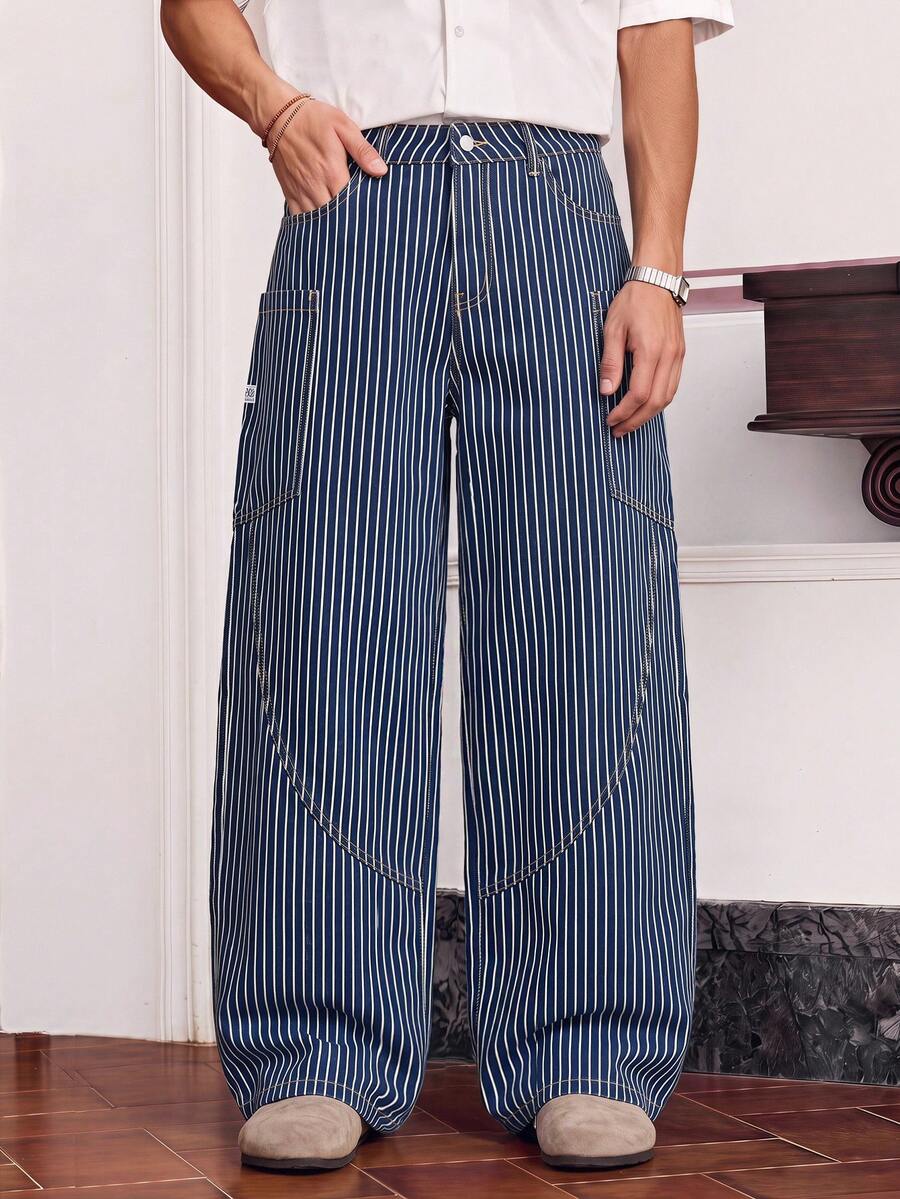 NORVETH Men's Striped Pocket Button Casual Versatile Daily Travel Jeans - Blue - View 1