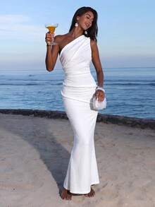 Opulessa Spring/Summer Vacation Knitted One-Shoulder Fitted Dress For Women Beach Vacation White Sexy Tropical - White - View 5