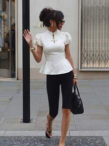 Siren Gaze Women's Jacquard Frog Button Design Short Puff Sleeve Elegant French Blouse Wedding Dinner Date Date Night Party White Summer - Apricot - View 3