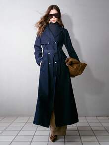 MOTF PREMIUM WOMEN'S AUTUMN DOUBLE BREASTED PLACKET BELTED DENIM COAT - Navy Blue - View 6