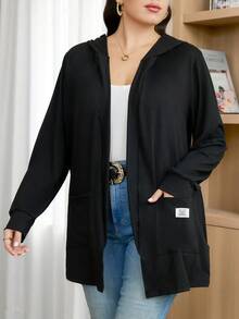 Reflora 大尺碼時尚百搭丹寧口袋長袖針織開襟衫 秋季 - 黑色 - 查看 4