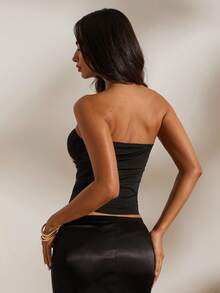 Opulessa 女士纯色针织修身抹胸上衣，适合春夏度假穿着 - 黑色 - 查看 2