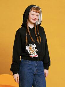TOM & JERRY X SHEIN Women's Cartoon Pattern Front-zip Hooded Jacket - Black - View 5