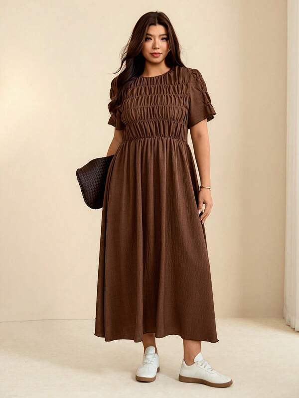 Edennvi Plus Size Vintage Brown Ruched Chest Short Sleeve Dress Women Round Neck High Waist Full Skirt Mid-Length Dress With Pockets Loose Fit Flattering