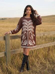 CAJUNI Women's Casual Loose Round Neck Long Sleeve Palm Tree Print Vacation Dress - Brown - View 1
