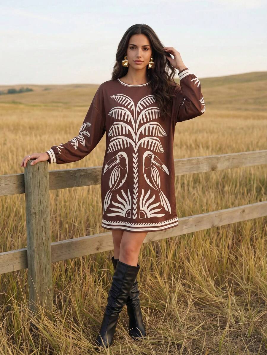 CAJUNI Women's Casual Loose Round Neck Long Sleeve Palm Tree Print Vacation Dress - Brown - View 1