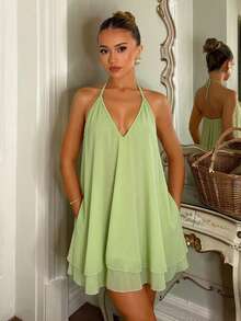Glamine New Light Green Halter Deep V Summer Dress,Women Open Back Tie Double-Layer Chiffon Vacation Dress,Night Out Vacation,Tropical Romantic - Green - View 7