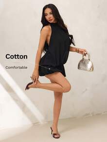 SHEIN PETITE Summer Elegant Sexy Backless Halter Neck Mini Dress Party Club Black - Black - View 5