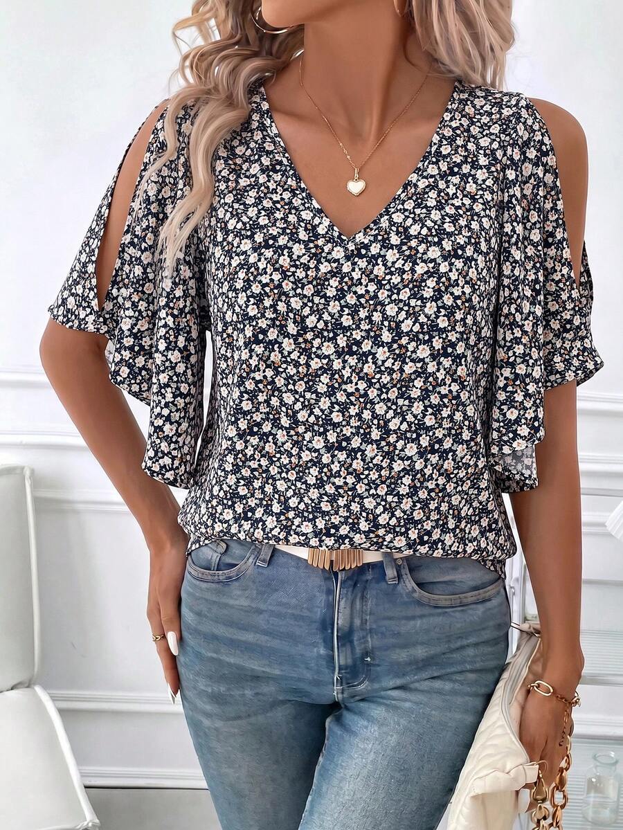 SHEIN Clasi 女款夏季花卉露肩上衣,優雅度假與派對穿搭 - 藏蓝色 - 查看 1